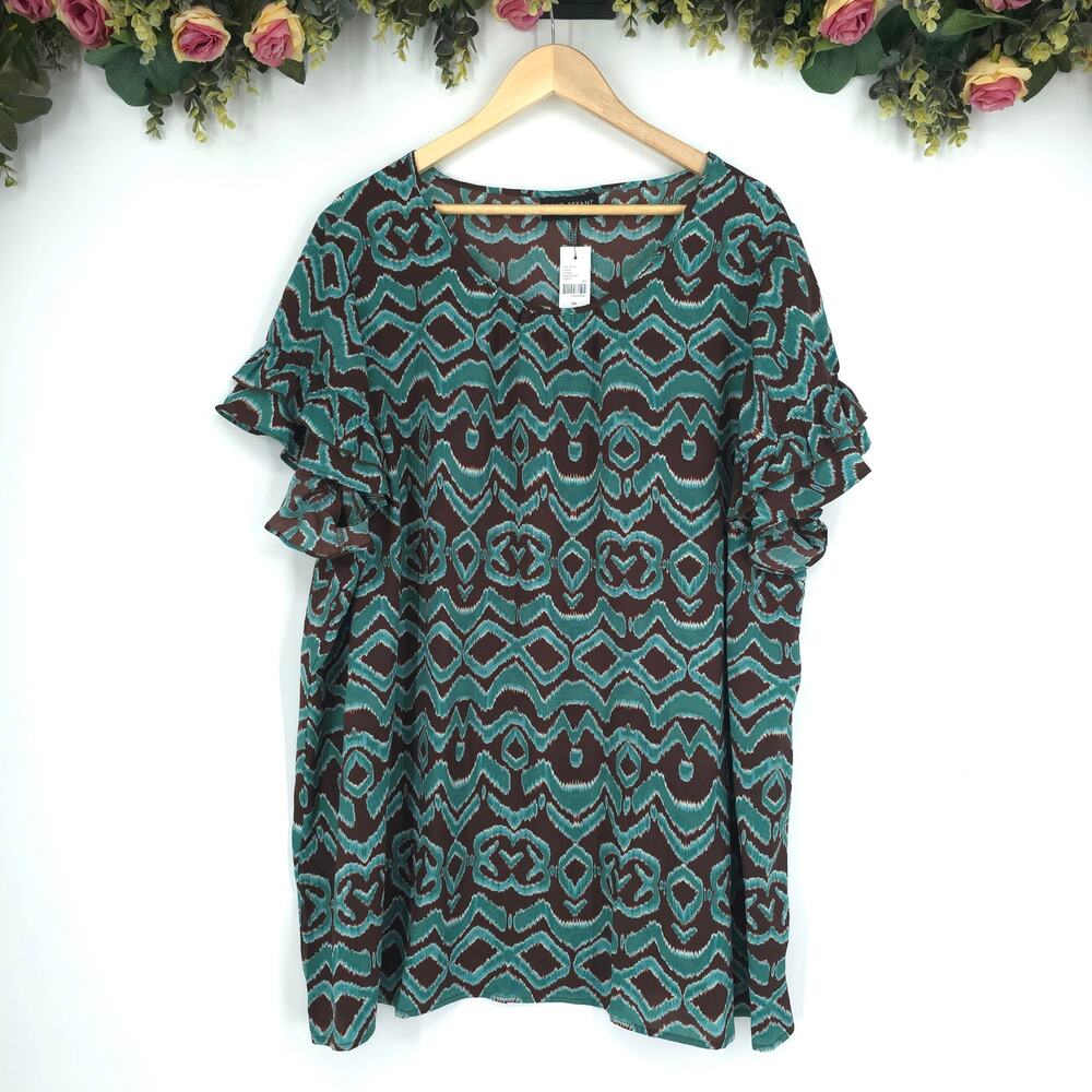 Lane Bryant Abstract Graphic Print Ruffle Short Sleeve Blouse NWT Size 26L